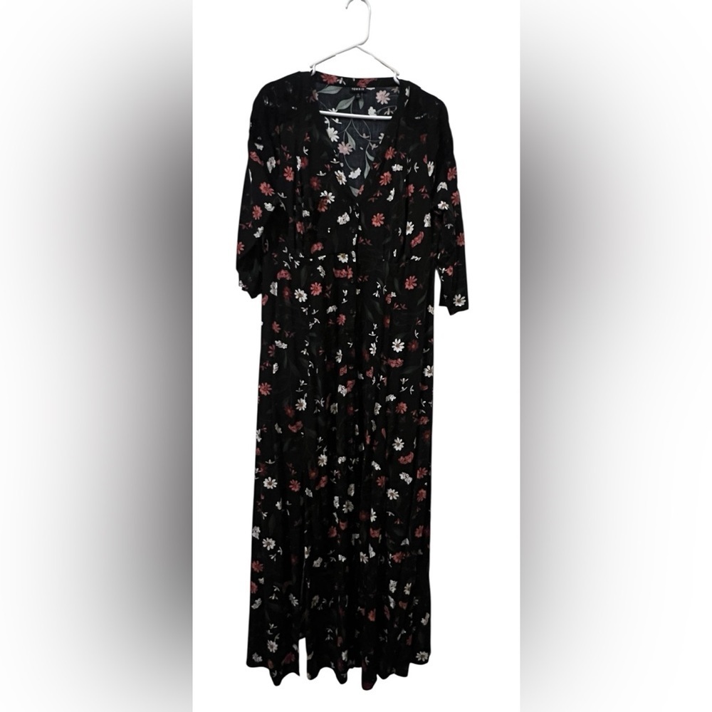 Torrid Long Sleeve Black Dress with Red and White Floral Pattern
